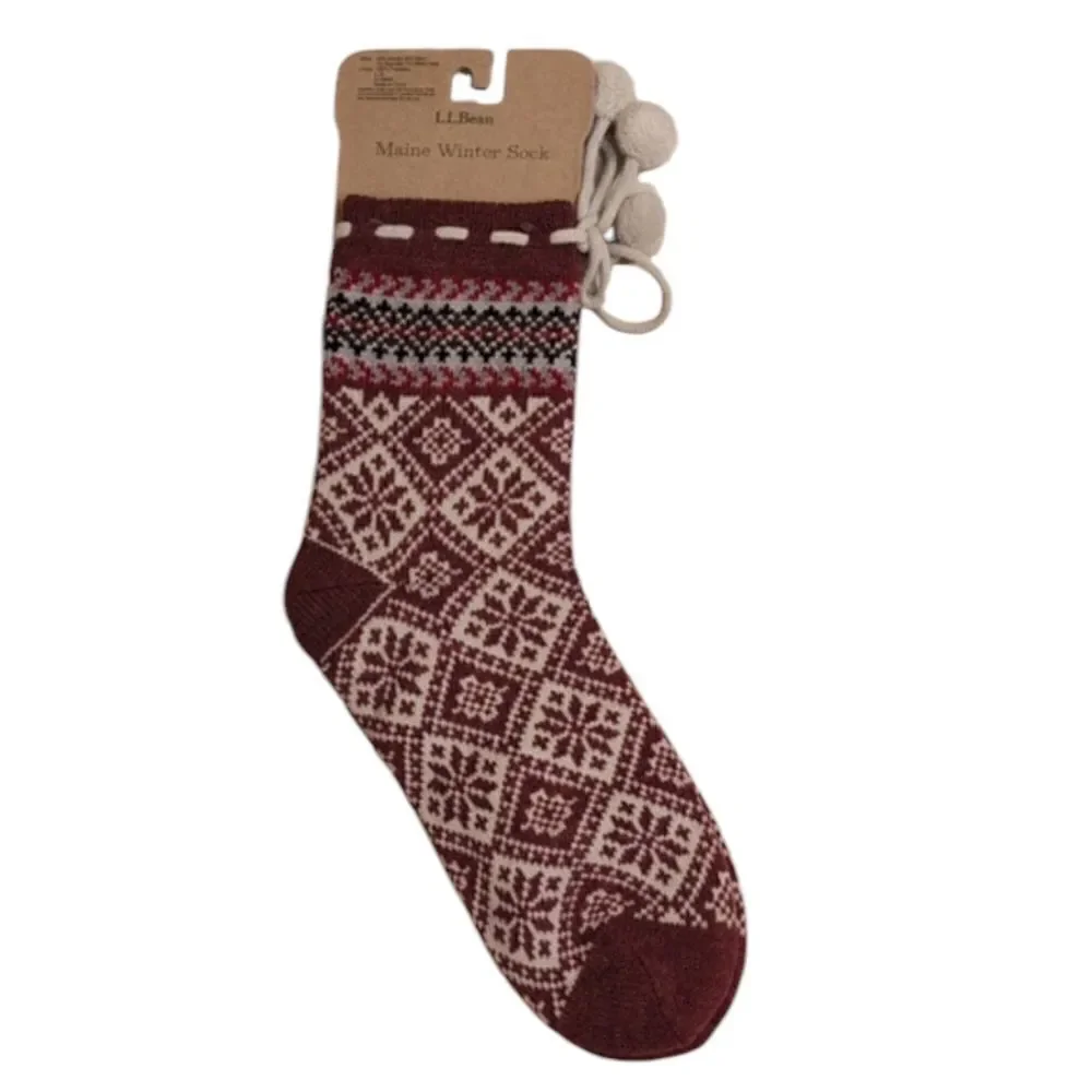 NWT LL Bean Maine Winter Sock Maroon and White Knit with pom poms size L-XL